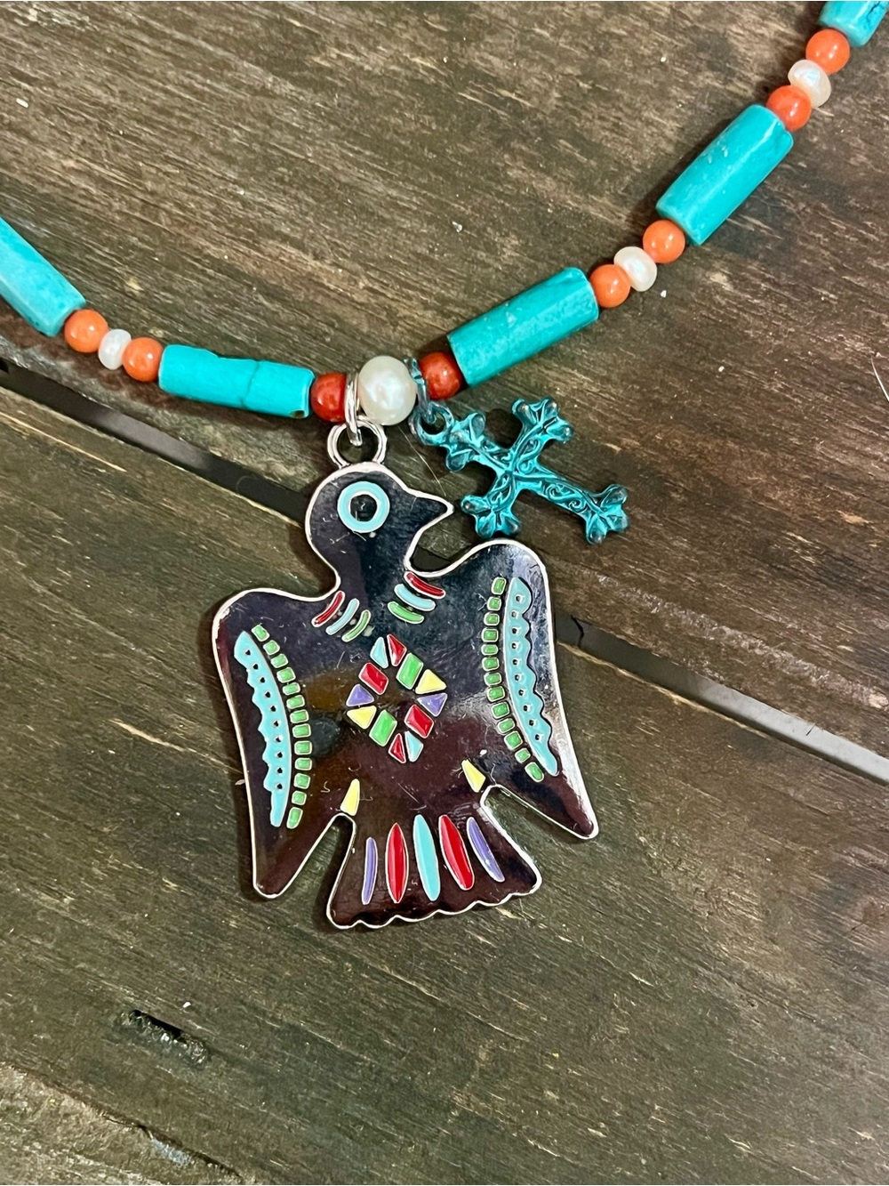 Turquoise and Coral Inlay Beaded Thunderbird Bird Pendant Necklace